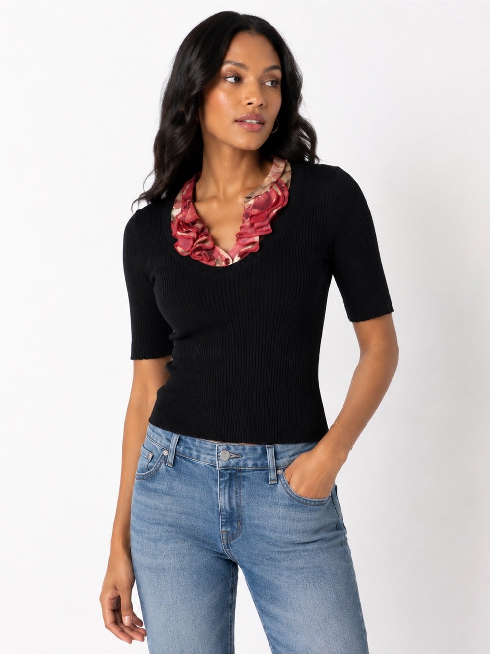 Anne Klein Ribbed Knit Ruffle Floral Collar Top Black XL Stretch